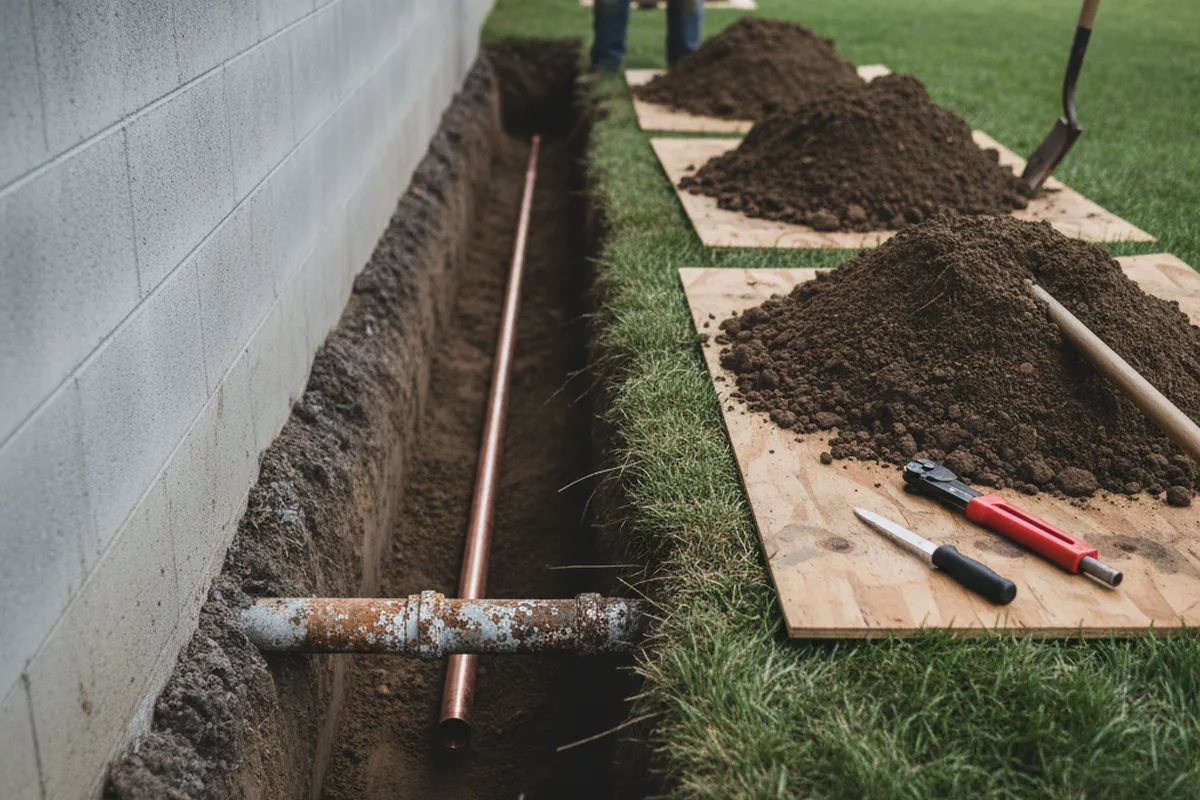 Excavated water line trench during Water Softener Installation in Paige